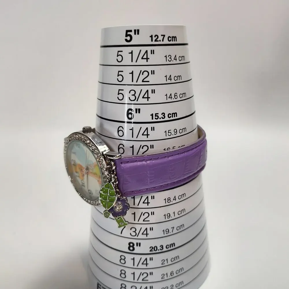 Disney Tinker Bell Charm Watch Purple Strap Rhinestone Bezel